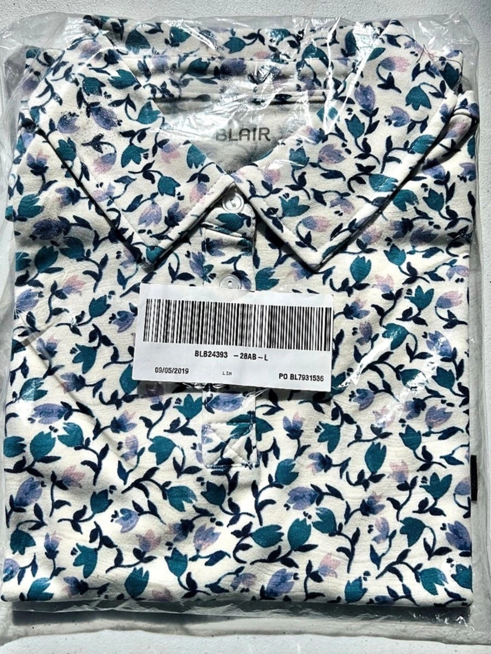BLAIR Floral Button Down Shirt in White & Blue Size Large NWT